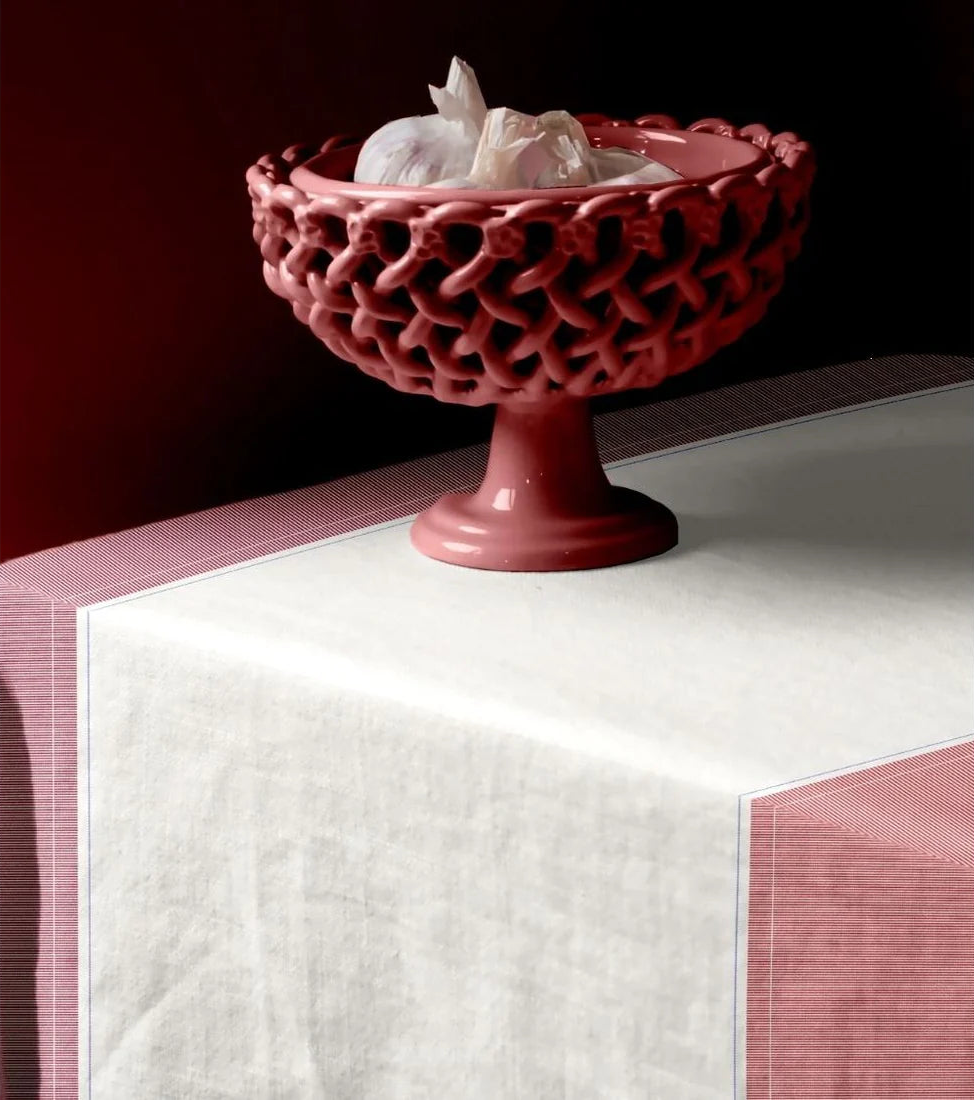 Les Toiles du Soleil Charlotte Tomette fabric of sweet terracotta, lavender blue and cream stripes 100% cotton fabric table cloth with decorative bowl