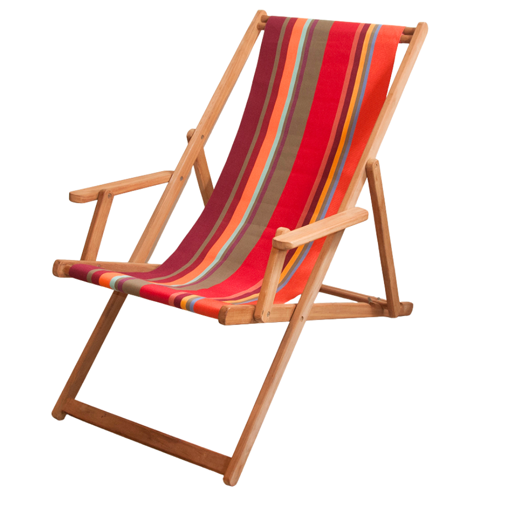 Teak deckchair with arms featuring a cotton Les Toiles du Soleil fabric of multicoloured red, orange, burgundy and taupe stripes, on a white background.