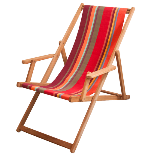 Teak deckchair with arms featuring a cotton Les Toiles du Soleil fabric of multicoloured red, orange, burgundy and taupe stripes, on a white background.