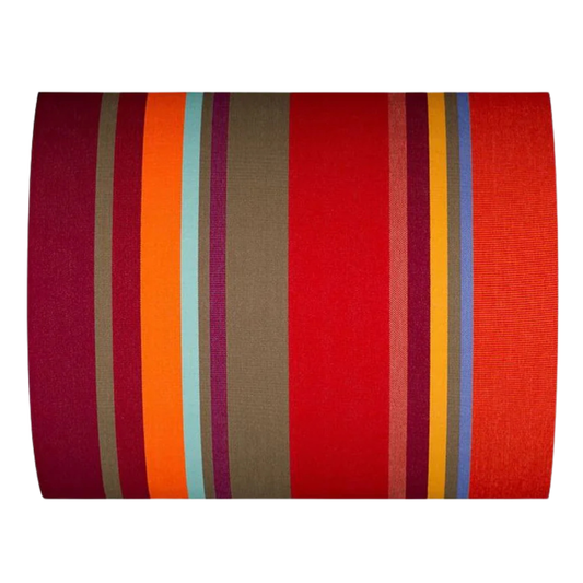 Cotton fabric roll thumbnail featuring multiple stripes of red, orange teal, burgundy, and green striped cotton fabric. 