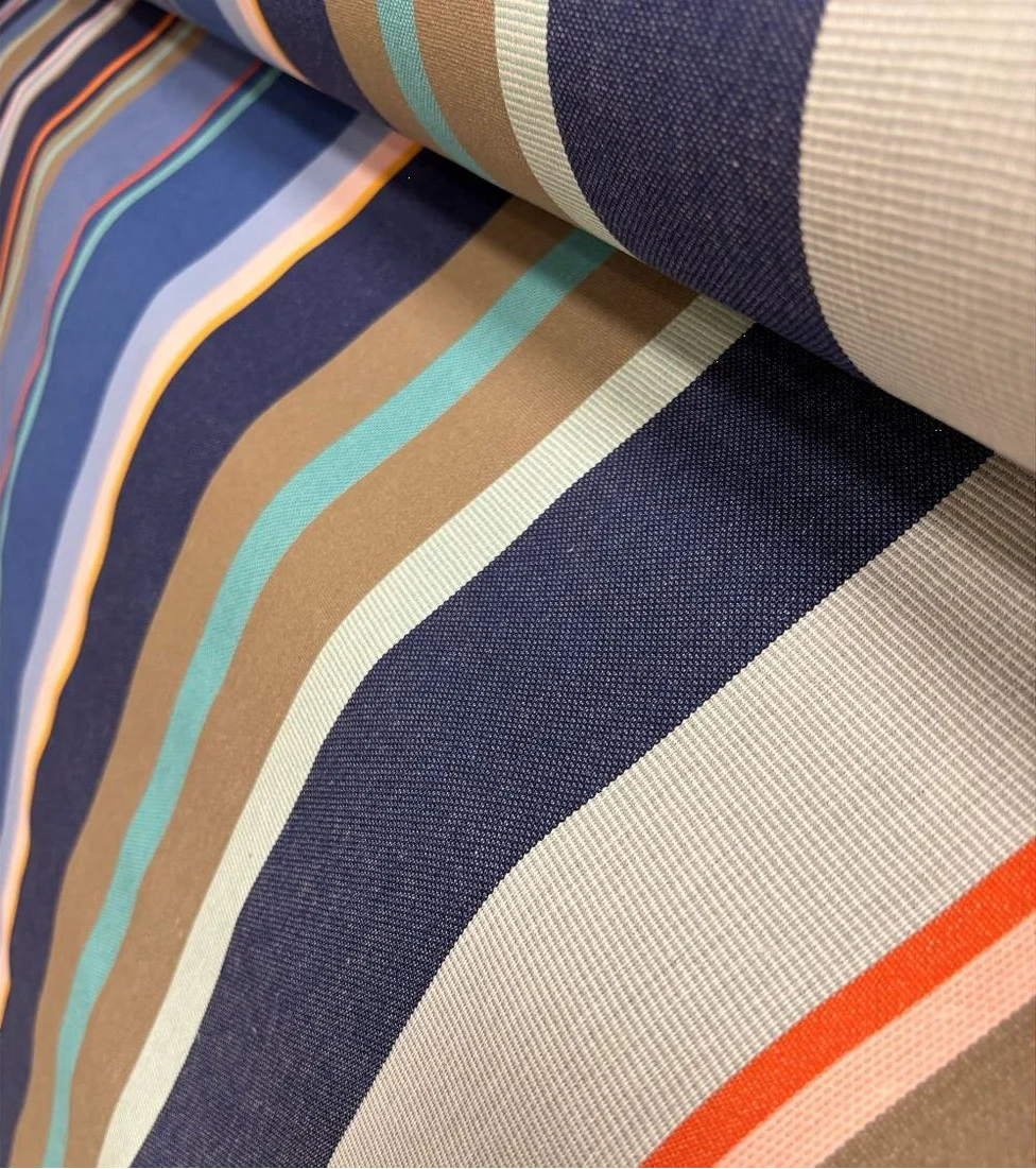 Close-up of striped fabric with blue, brown, beige, and orange colors.