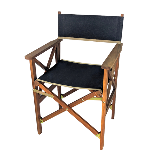 Hardwood director's chair with cotton 43cm Les Toiles du Soleil fabric featuring black with taupe coloured edges. On a white background