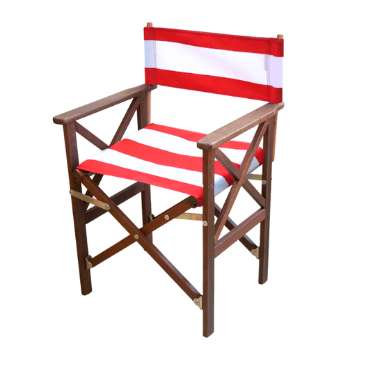 Hardwood directors chair frame with red and white striped acrylic Sunbrela fabric. Standing on a plain background