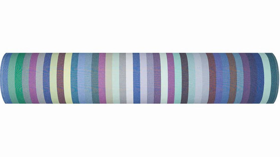 A roll of cotton fabric roll called Dani by Les Toiles du Soleil. A multi coloured striped woven fabric of greens, blues, lavender, greys, and turquoise.