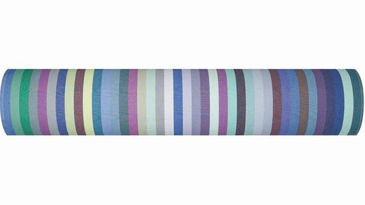 A roll of cotton fabric roll called Dani by Les Toiles du Soleil. A multi coloured striped woven fabric of greens, blues, lavender, greys, and turquoise.