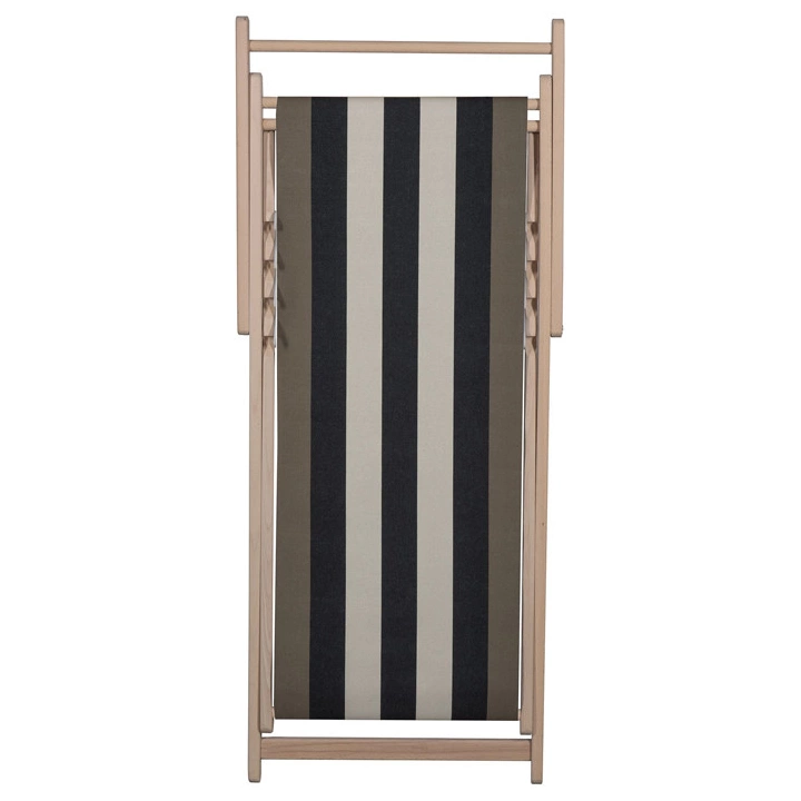 Wooden deckchair with cotton fabric featuring bold black, ecru stripes in-between taupe coloured stripes on the edges