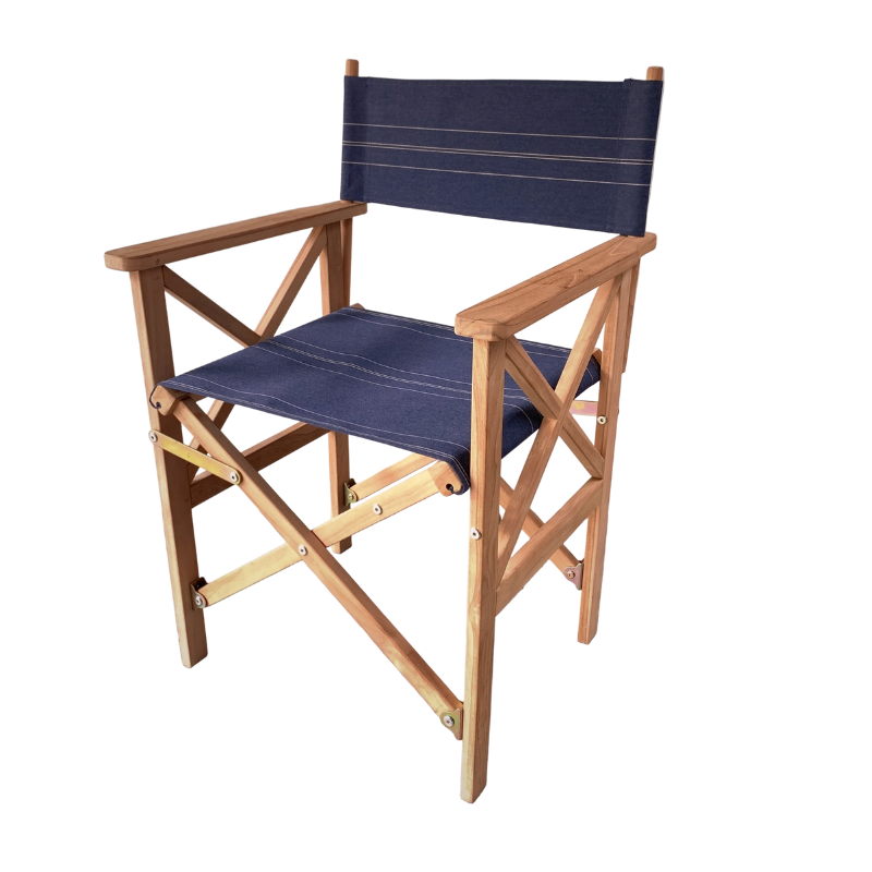 A wooden folding director-style chair with a navy blue canvas seat and backrest, shown on a plain white background.