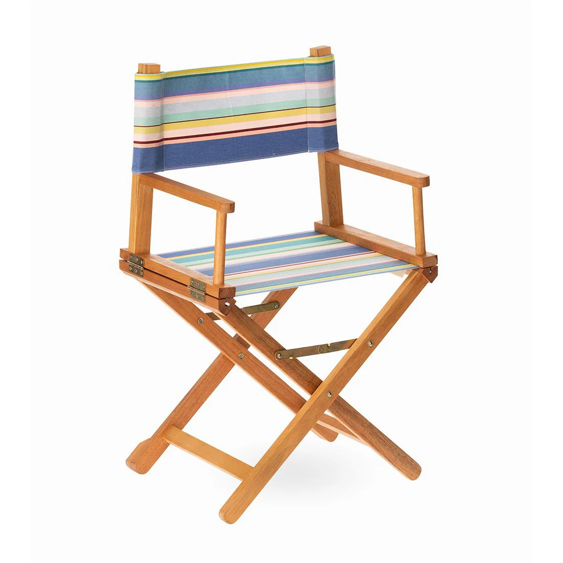 Wooden director's chair with colorful striped Aquarelle fabric with blue, green, teal, and lavender, pale yellow on a white background.