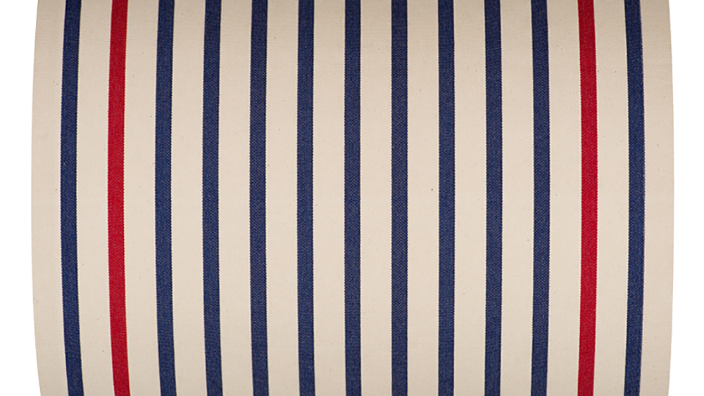 Red, blue and ecru coloured striped fabric thumbnail