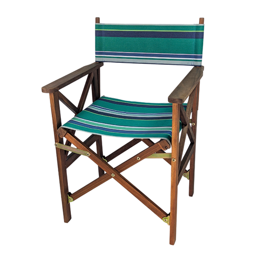 Hardwood director's chair with cotton fabric with bold stripes in deep teal, turquoise, and multiple shades of blue and green. On a white background