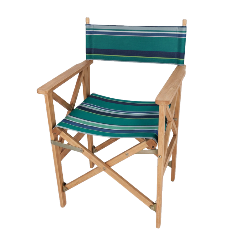 Teak directors chair with cotton fabric with bold stripes in deep teal, turquoise, and multiple shades of blue and green