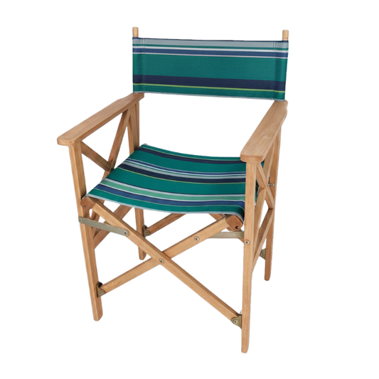 Teak directors chair with cotton fabric with bold stripes in deep teal, turquoise, and multiple shades of blue and green