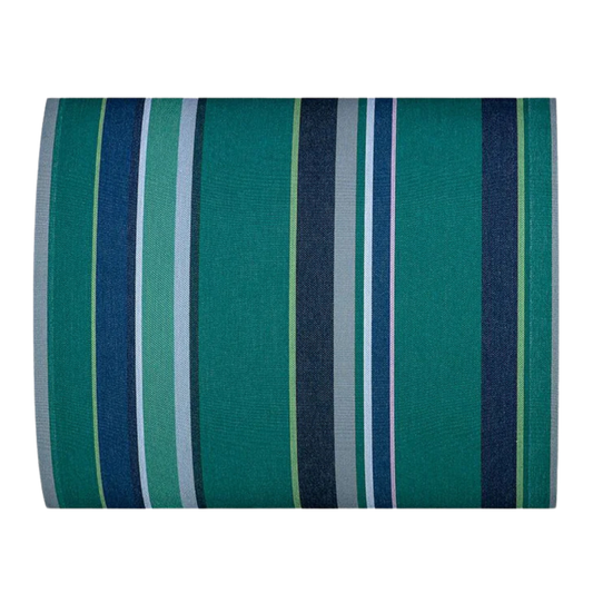 Cotton fabric with bold stripes in deep teal, turquoise, and multiple shades of blue and green
