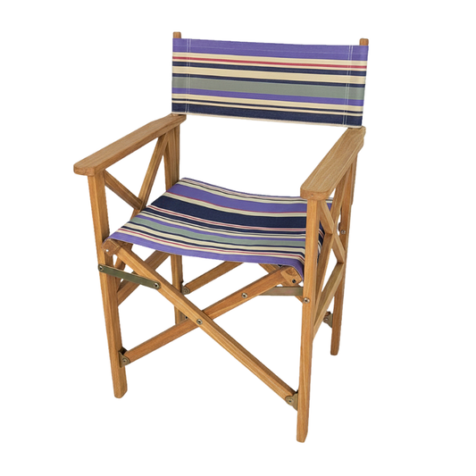 Teak directors chair with cotton fabric featuring navy, violet, and ivory stripes accented by fine crimson lines.