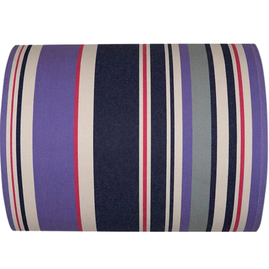 Roll of cotton fabric featuring navy, violet, and ivory stripes accented by fine crimson lines.