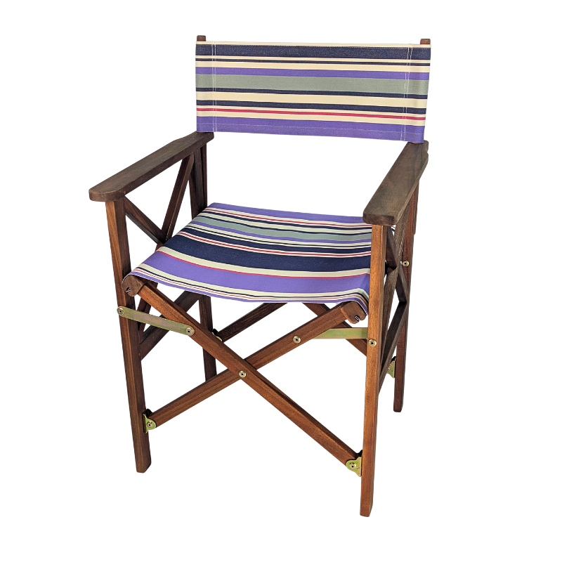 Hardwood folding deckchair with cotton slings featuring navy, violet, and ivory stripes accented by fine crimson lines. On a white background
