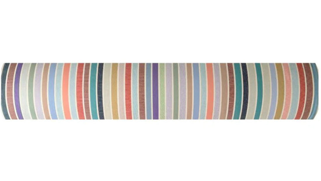 100% cotton fabric roll of Èze a multi striped fabric  in colours of soft pastels, blues, purples, mint green, and other joyous colours