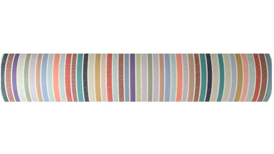 100% cotton fabric roll of Èze a multi striped fabric  in colours of soft pastels, blues, purples, mint green, and other joyous colours