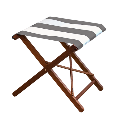Hardwood folding stool with waterproof acrylic fabric in block light grey and white stripes
