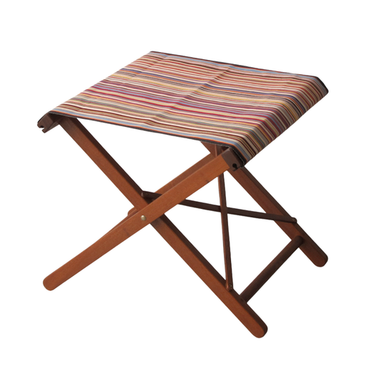 A folding hardwood stool with cotton fabric, featuring multicoloured stripes in 35 different vibrant colours