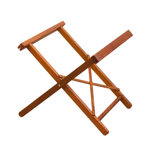 A wooden folding stand or frame made of warm medium-brown wood, isolated on a solid white background.