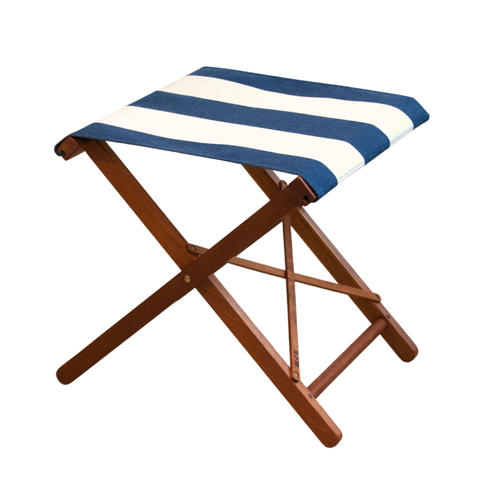 Hardwood folding stool with Sunbrella waterproof block striped fabric in navy and cream