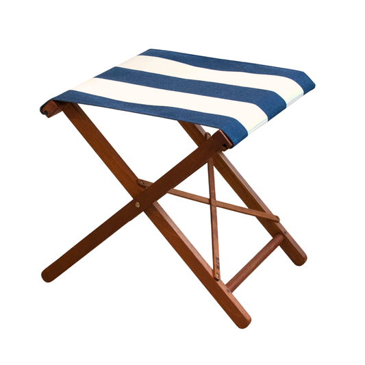 Hardwood folding stool with Sunbrella waterproof block striped fabric in navy and cream