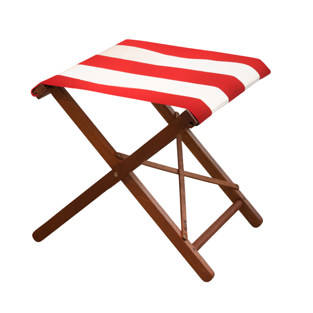 Hardwood folding stool with waterproof acrylic Sunbrella outdoor fabric. Featuring block stripes of red and white