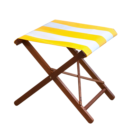 Hardwood folding stool with Sunbrella acrylic fabric featuring block stripes of yellow and white