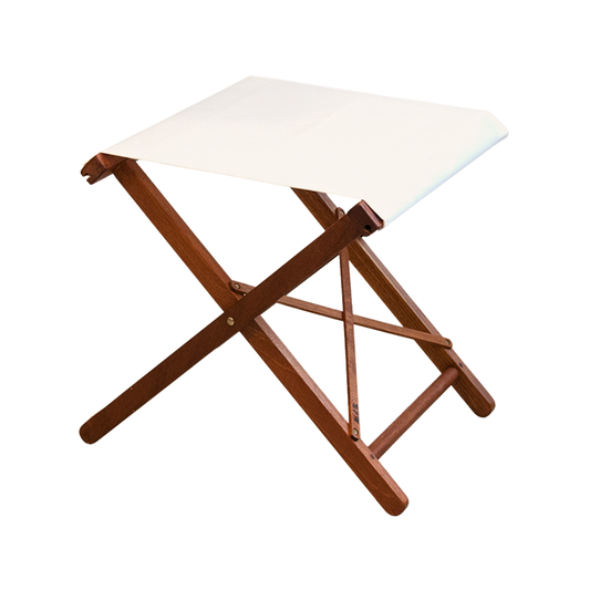 Hardwood folding stool with natural white outdoor sunbrella fabric canvas. On a white background