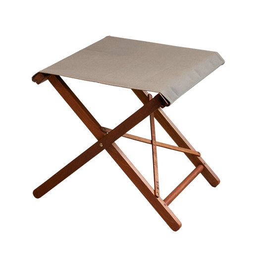 Hardwood folding stool with waterproof outdoor Sunbrella fabric in Taupe colour