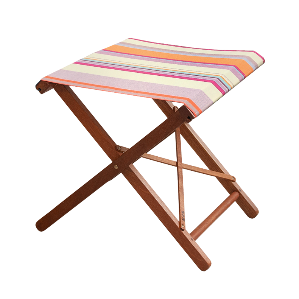 Hardwood folding stool with outdoor sunbrella striped fabric. Featuring lilac, orange, cream, beige, and crimson stripes. On a white background