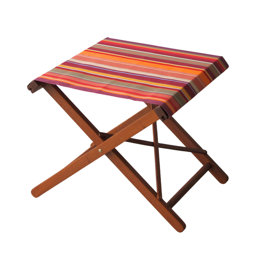 ici et la hardwood folding stool with Colourful striped cotton fabric with vertical red, orange, and multicoloured stripes on a white background