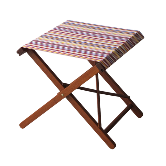 A folding stool with a hardwood frame and acrylic waterproof multicoloured striped fabric