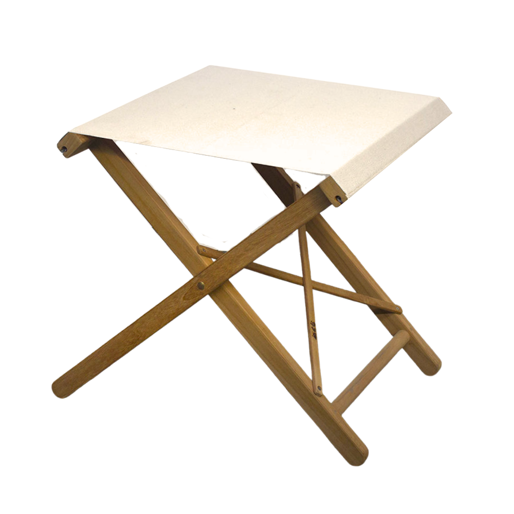 A folding teak stool with a white cotton Oxford fabric seat and a wooden frame, displayed against a plain background.