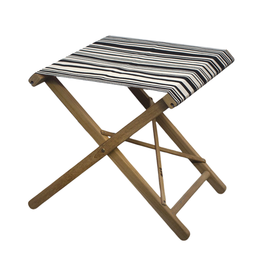 Teak folding stool with cotton black and cream striped barcode canvas by Les Toiles du Soleil.
