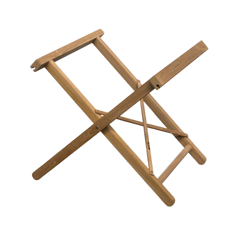 A teak folding stool frame on a white background
