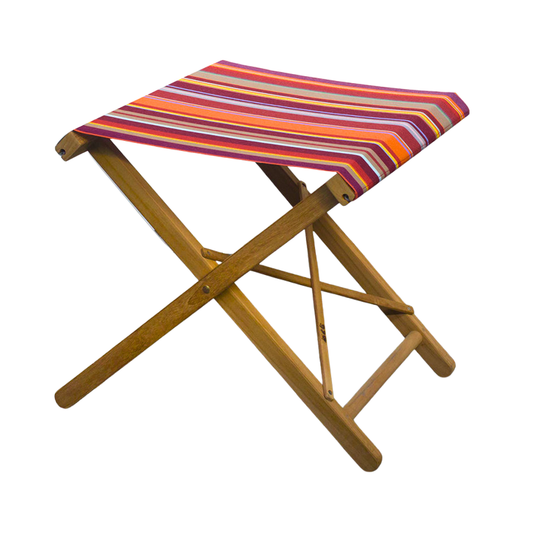 Teak folding stool with multicoloured striped outdoor fabric. Featuring reds, yellows, burgundy and orange, with pops of blue.