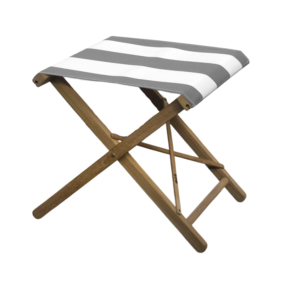 A folding stool with a teak frame and acrylic waterproof Sunbrella light grey and white fabric, displayed against a neutral background.