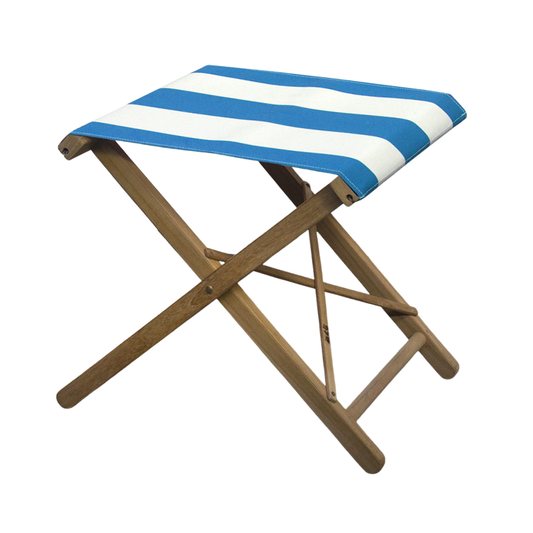 Teak Folding Stool - Sunbrella - ROYAL BLUE / WHITE