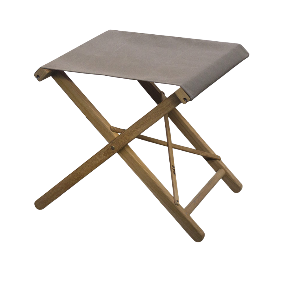 A folding stool with a teak frame and acrylic taupe fabric seat and backrest.