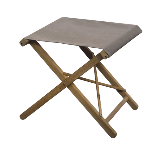 A folding stool with a teak frame and acrylic taupe fabric seat and backrest.