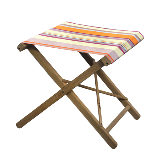 Teak folding stool with multicoloured striped cotton fabric with soft yellows, bright oranges, lavender, and turquoise.