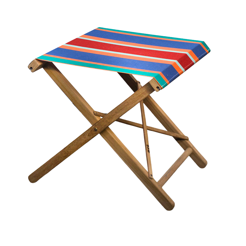 A folding teak stool with acrylic multicoloured striped sunbrella canvas seat and backrest, displayed against a neutral background.