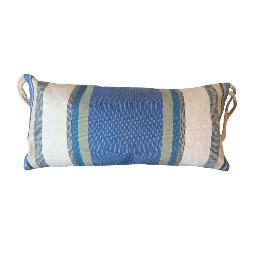 Multi-striped head cushion for a deckchair. showcasing blue, white, green and grey colours in cotton. On a plain background
