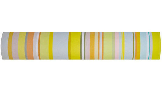 Gelati Les Toiles du SOleil 100% cotton fabric roll showing multicoloured stripes of yellows, blues, greens, and orange. 