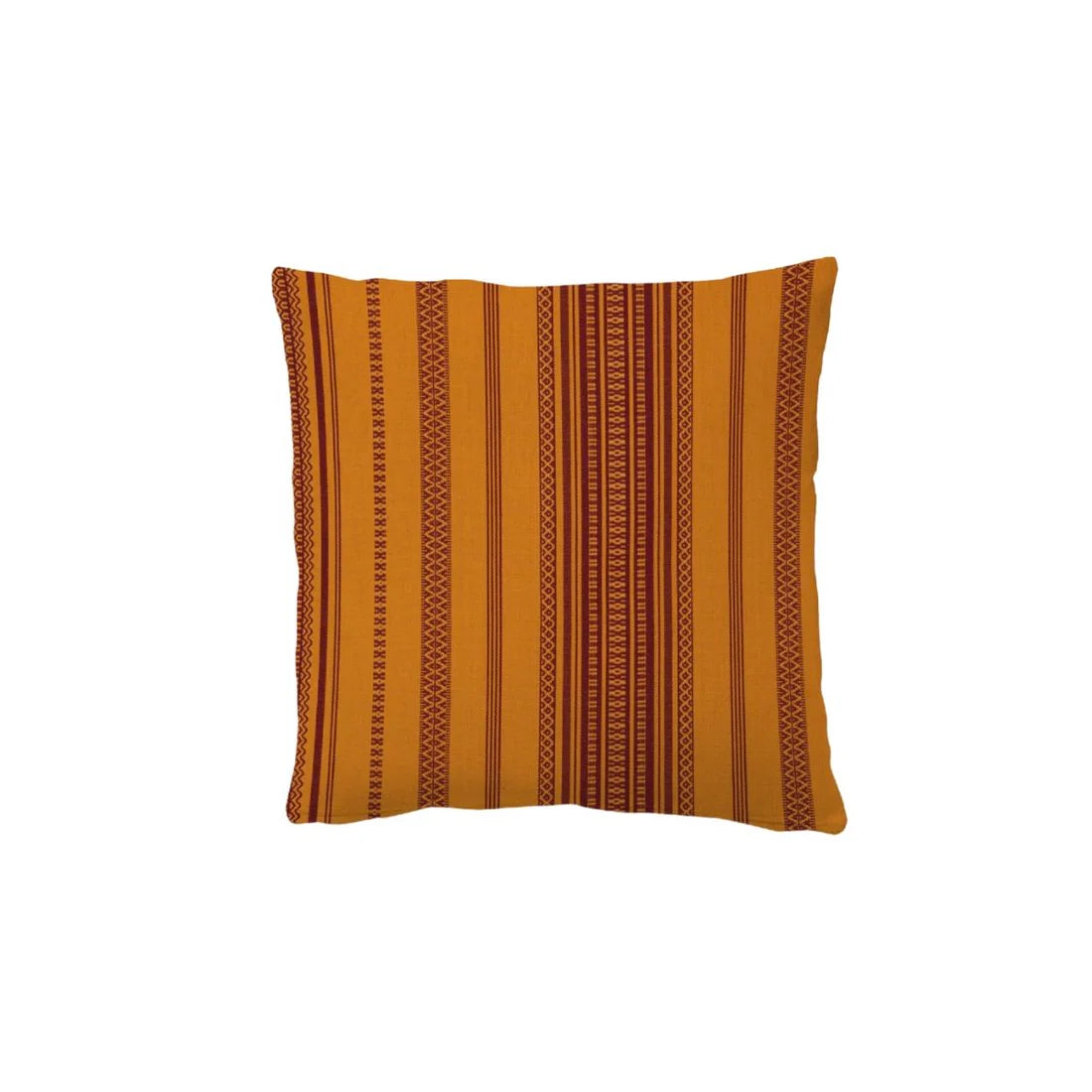 Cushion made from 100% cotton fabric roll of Grenade Safran by Les Toiles du Soleil. Intricate woven stripes of burgundy and saffron textured fabric