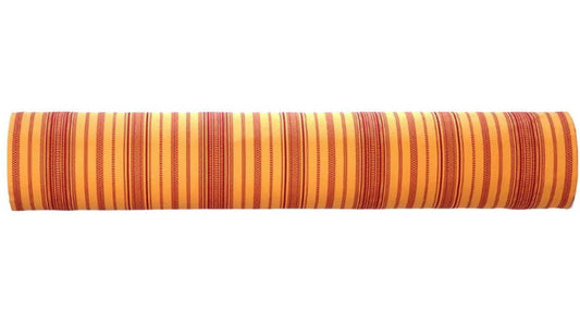 100% cotton fabric roll of Grenade Safran by Les Toiles du Soleil. Intricate woven stripes of burgundy and saffron textured fabric