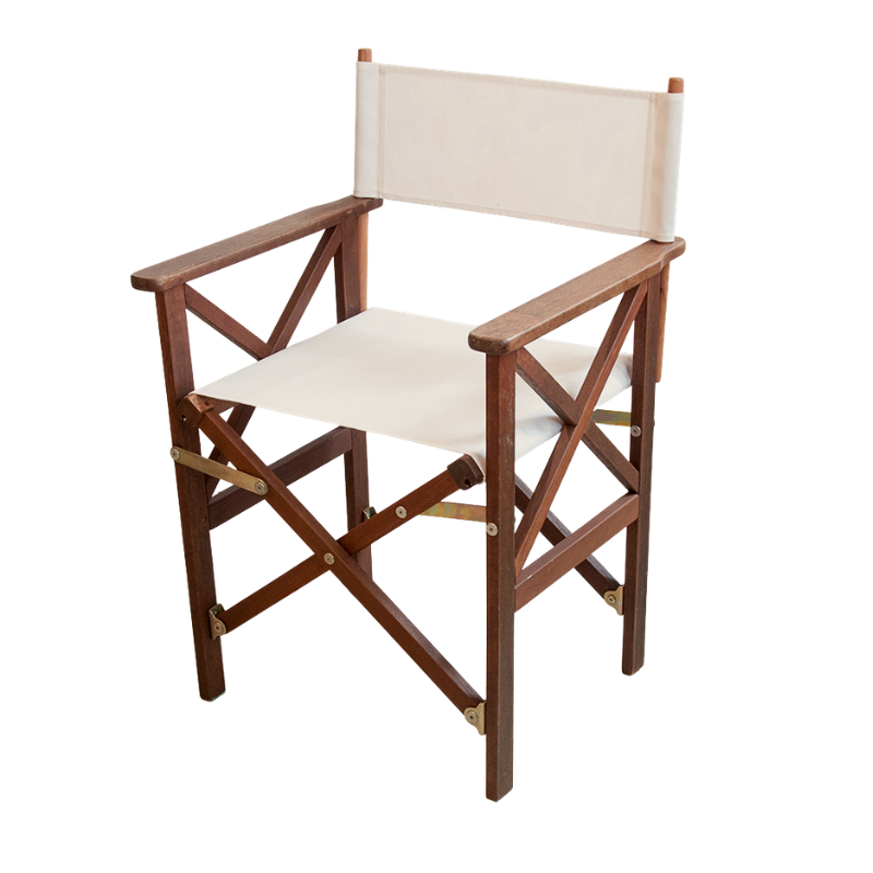A foldaway hardwood director's chair with a ecru, cream coloured cotton fabric seat and backrest.