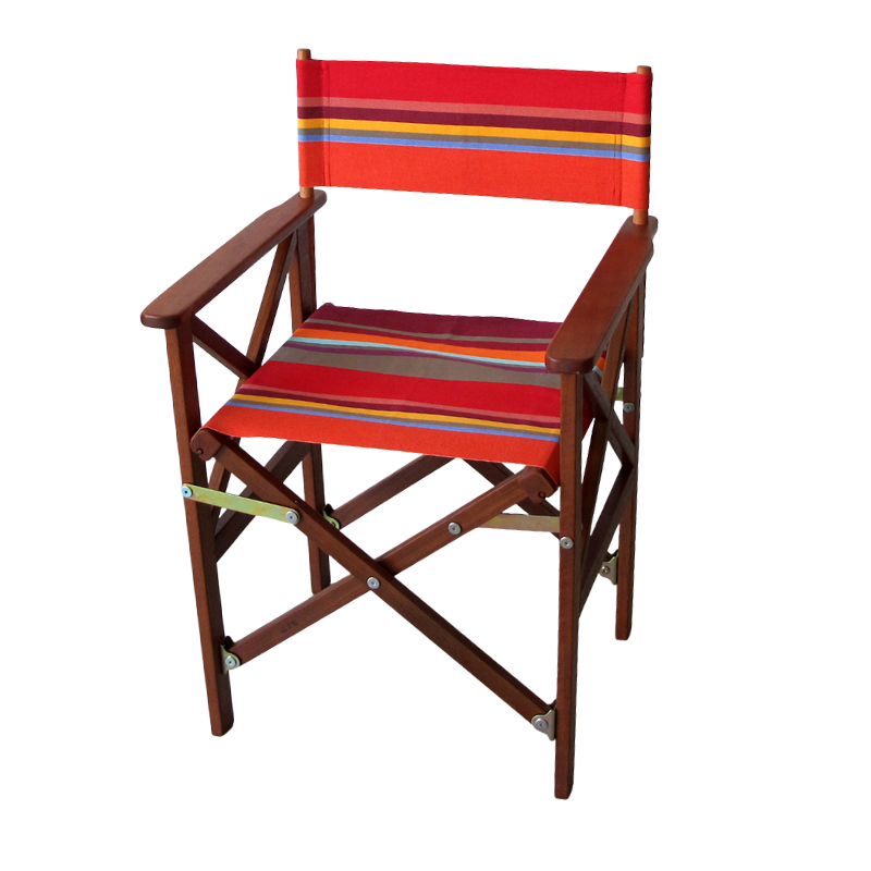 Hardwood directors chair with cotton slings, featuring multiple stripes of red, orange teal, burgundy, and green striped cotton fabric. 